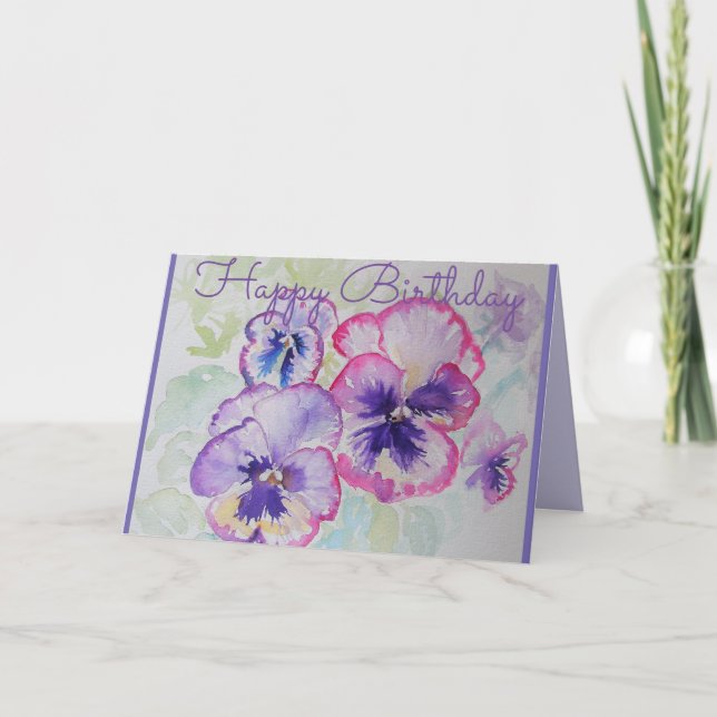 Purple and Pink Pansies Watercolour Birthday Card (Front)