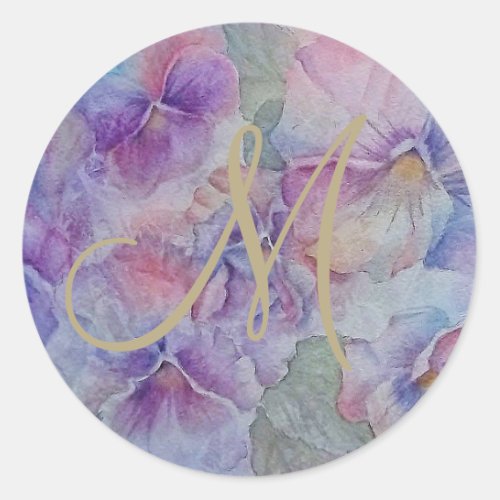 PURPLE AND PINK PANSY PARTY FLORAL CLASSIC ROUND STICKER