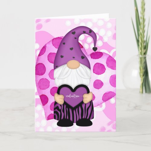 Purple and Pink Polka Dots Gnome Valentine Card
