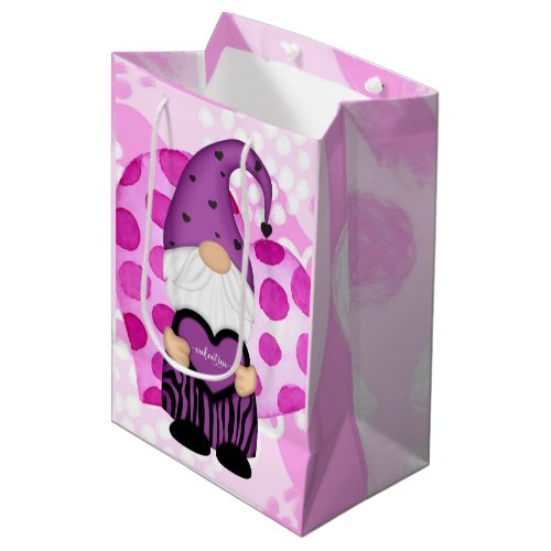 Purple and Pink Polka Dots Valentine Gnome Medium Gift Bag