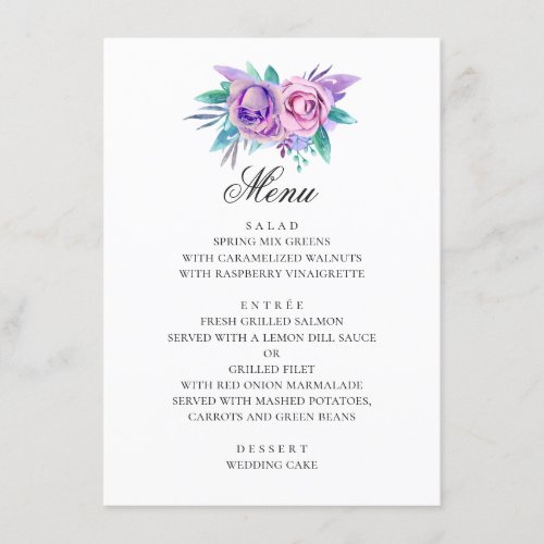 Purple and pink roses Watercolor floral wedding Menu