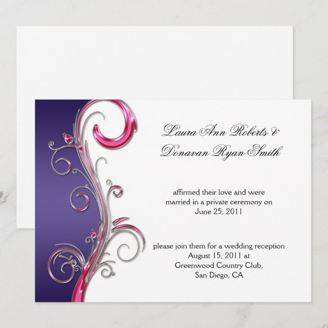 Purple and Pink Silver Ornate Swirl Post Wedding Invitation (Front/Back)