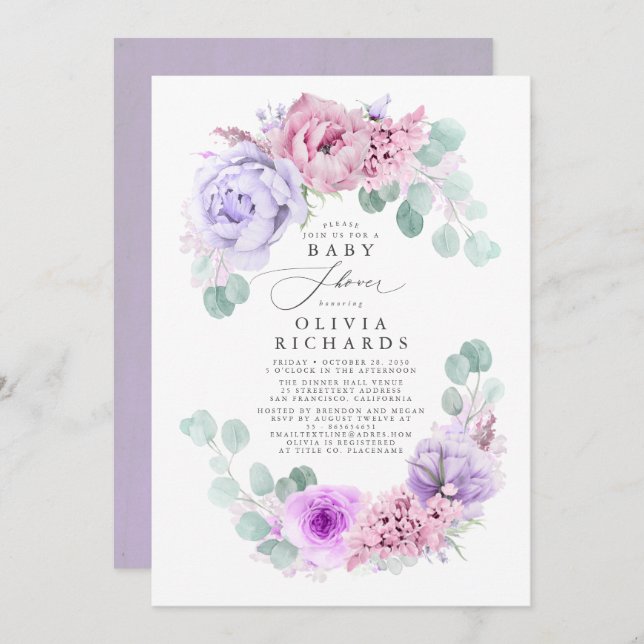 Purple and Pink Soft Pastel Floral Baby Shower Invitation (Front/Back)
