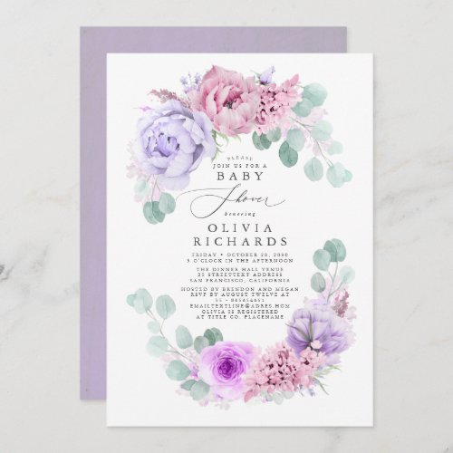 Purple and Pink Soft Pastel Floral Baby Shower Invitation