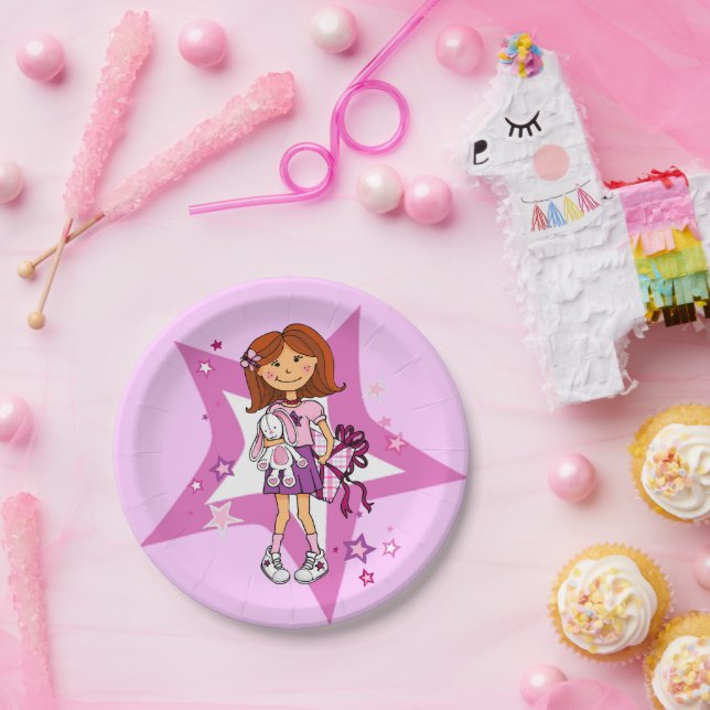 Purple and pink star dark hair girl kids party paper plates (Party)