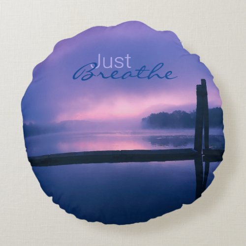 Purple and Pink Sunrise Water Landscape Reflection Round Pillow