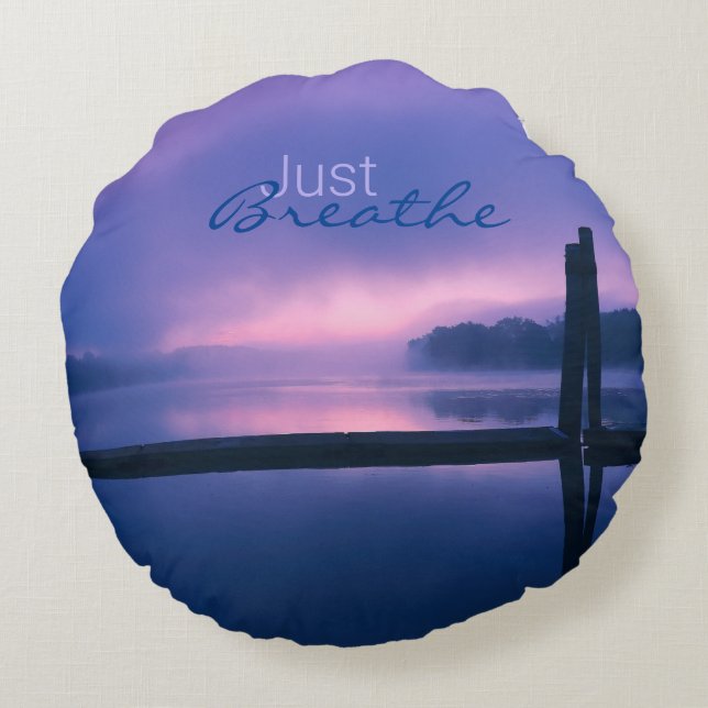 Purple and Pink Sunrise Water Landscape Reflection Round Pillow (Back)