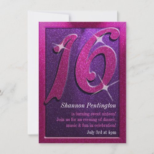 Purple and Pink Sweet Sixteen Birthday Invitations