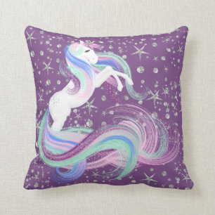Purple and Pink Unicorn with Silver Stars Throw Pillow