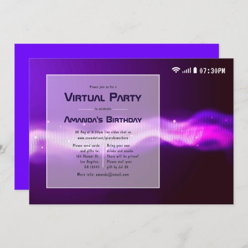 Purple and Pink Virtual Glow Birthday Party Invitation