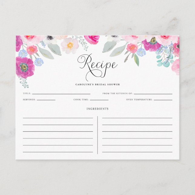 Purple and Pink Watercolor Anemones Recipe Card (Front)