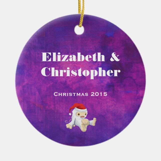 Purple and Pink Watercolor Christmas Ceramic Ornament (Front)