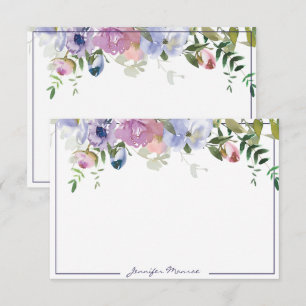 Purple and pink watercolor floral personalized note card