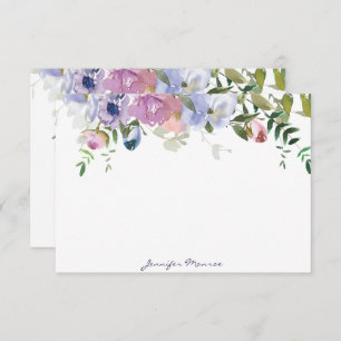 Purple and pink watercolor floral personalized note card