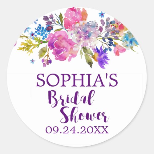 Purple and Pink Watercolor Flowers Bridal Shower Classic Round Sticker