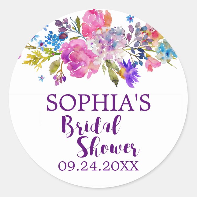 Purple and Pink Watercolor Flowers Bridal Shower Classic Round Sticker (Front)