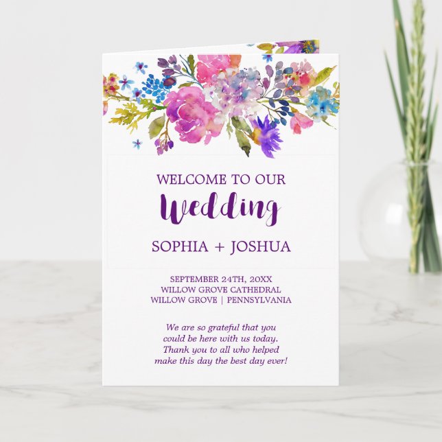Purple and Pink Watercolor Flowers Folded Wedding Program (Front)
