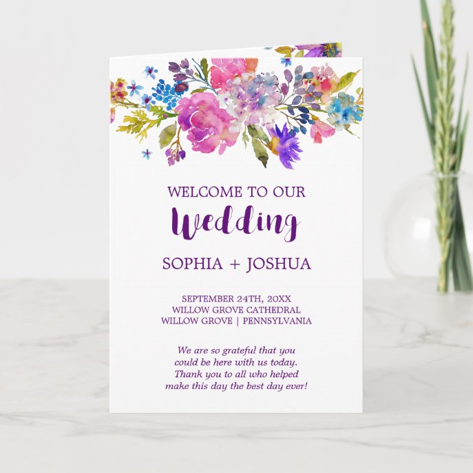 Purple and Pink Watercolor Flowers Folded Wedding Program