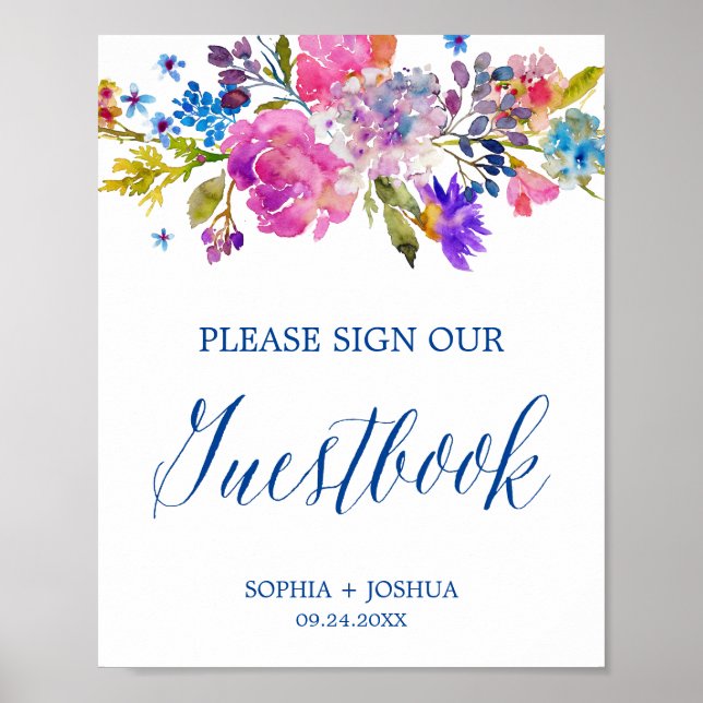 Purple and Pink Watercolor Flowers Guestbook Sign (Front)