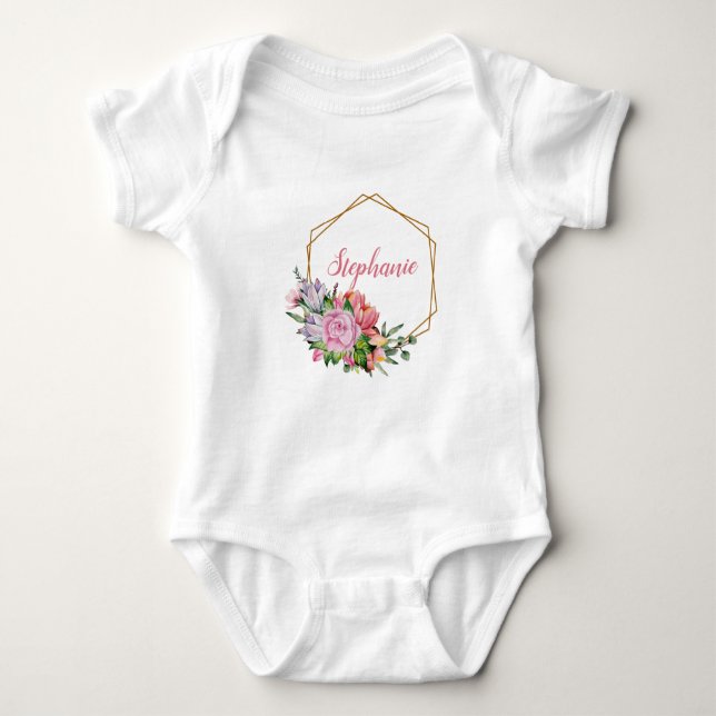 Purple And Pink Watercolor Flowers - Personalized Baby Bodysuit (Front)