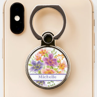 Purple and Pink Watercolor Flowers - Personalized Phone Ring Stand