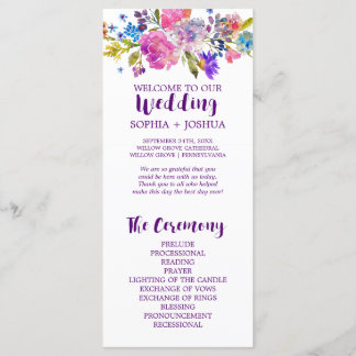 Purple and Pink Watercolor Flowers Wedding Program