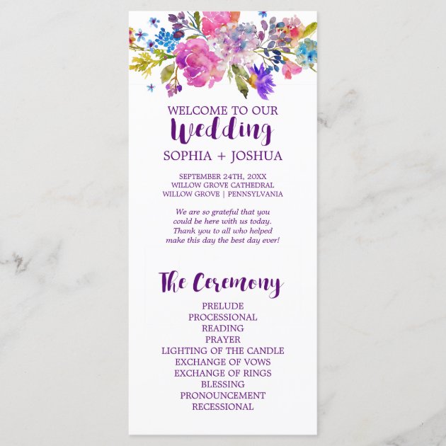 Purple And Pink Watercolor Flowers Wedding Program