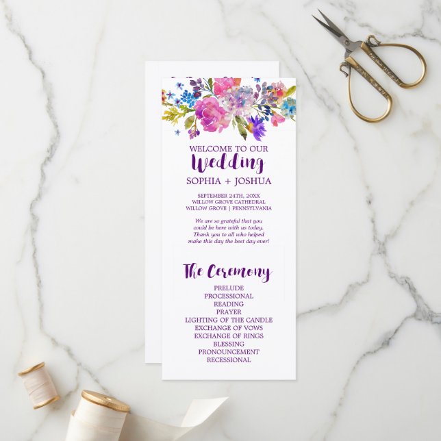 Purple and Pink Watercolor Flowers Wedding Program (Front/Back In Situ)