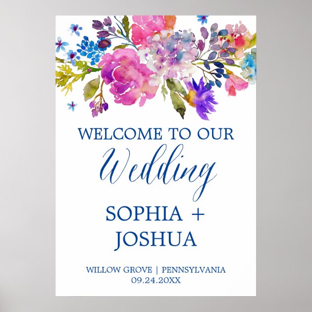 Purple And Pink Watercolor Flowers Wedding Welcome Poster