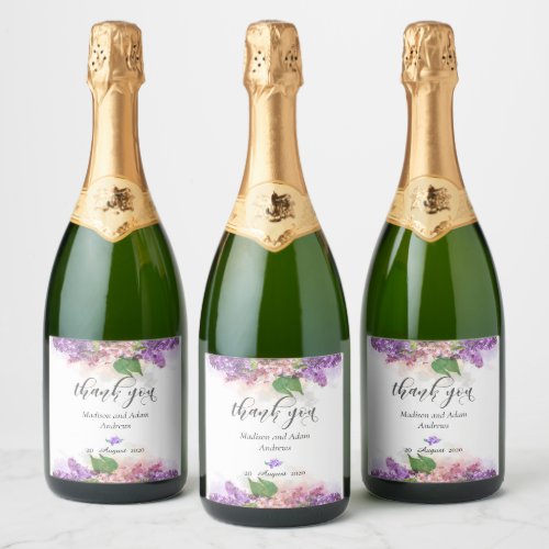 Purple and Pink Watercolor Lilac Flowers Thank You Sparkling Wine Label