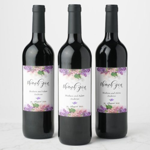 Purple and Pink Watercolor Lilac Flowers Thank You Wine Label