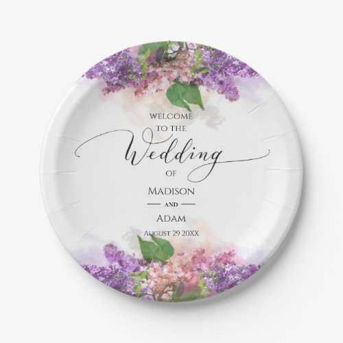 Purple and Pink Watercolor Lilac Flowers Wedding Paper Plates