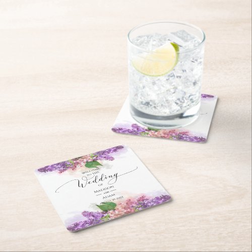 Purple and Pink Watercolor Lilac Flowers Wedding Square Paper Coaster