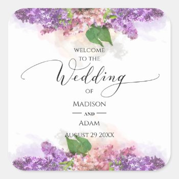 Purple And Pink Watercolor Lilac Flowers Wedding Square Sticker by LifeInColorStudio at Zazzle