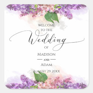 Purple and Pink Watercolor Lilac Flowers Wedding Square Sticker
