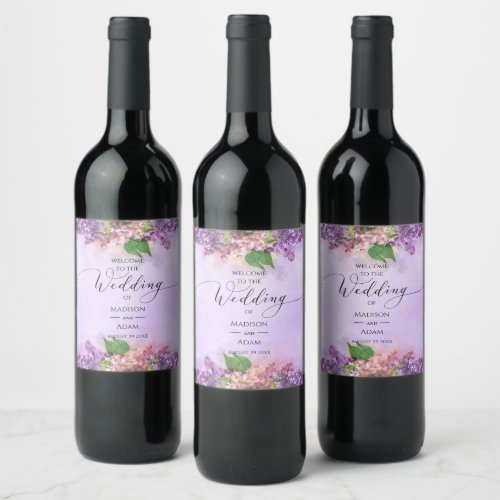Purple and Pink Watercolor Lilac Flowers Wedding Wine Label