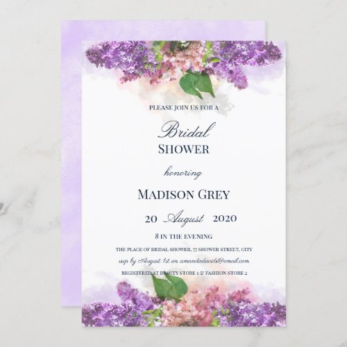 Purple and Pink Watercolor Lilacs Bridal Shower Invitation