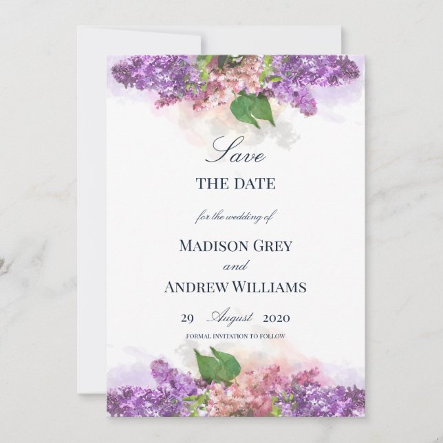 Purple and Pink Watercolor Lilacs Wedding Save The Date (Front)