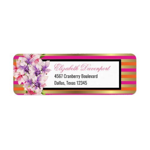 Purple and Pink Watercolor Magnolia and Stripes Label