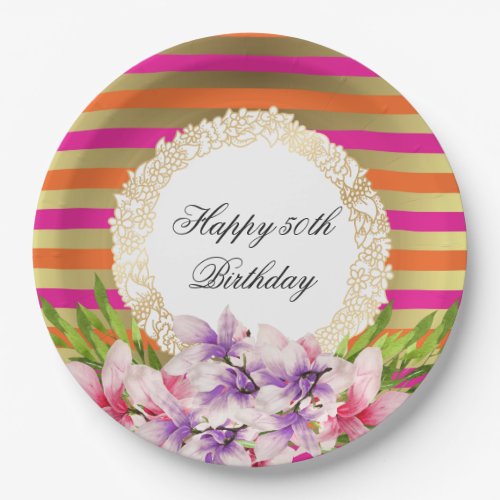 Purple and Pink Watercolor Magnolia Birthday Paper Plates