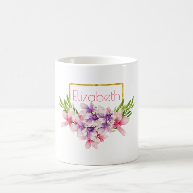 Purple and Pink Watercolor Magnolia Personalized Coffee Mug (Center)