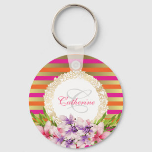 Purple and Pink Watercolor Magnolia Personalized Keychain