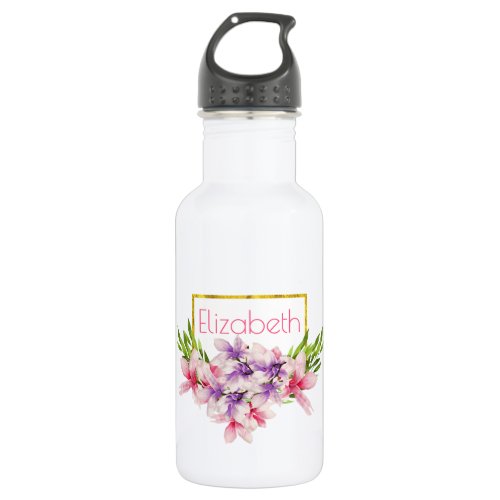 Purple and Pink Watercolor Magnolia Personalized Stainless Steel Water Bottle