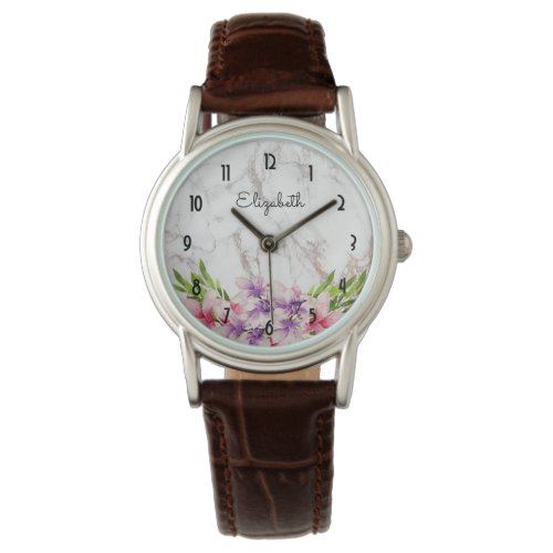 Purple and Pink Watercolor Magnolia White Marble Watch