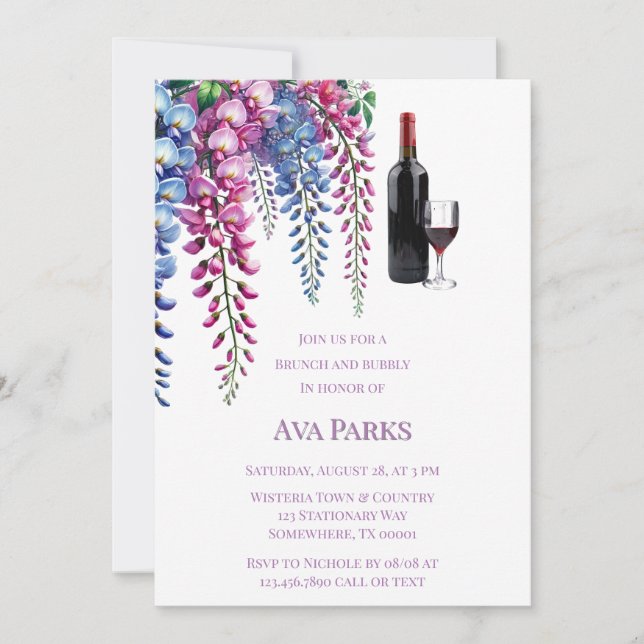 Purple and Pink Wisteria Brunch and Bubbly Invitation (Front)