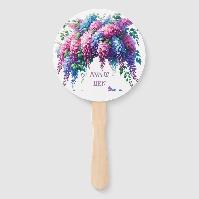 Purple and Pink Wisteria Flower Wedding Hand Fan (Front)