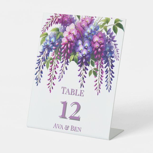 Purple and Pink Wisteria Wedding Table Number Pedestal Sign (Front)
