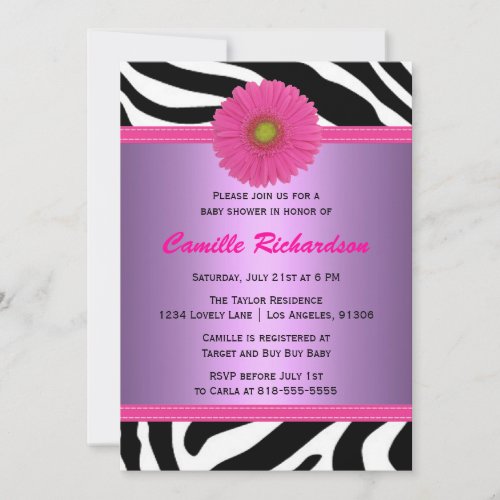 Purple and Pink, Zebra, Girl Baby Shower Custom Invitations