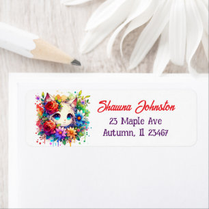 Purple and Red Anime Cat and Flowers Label