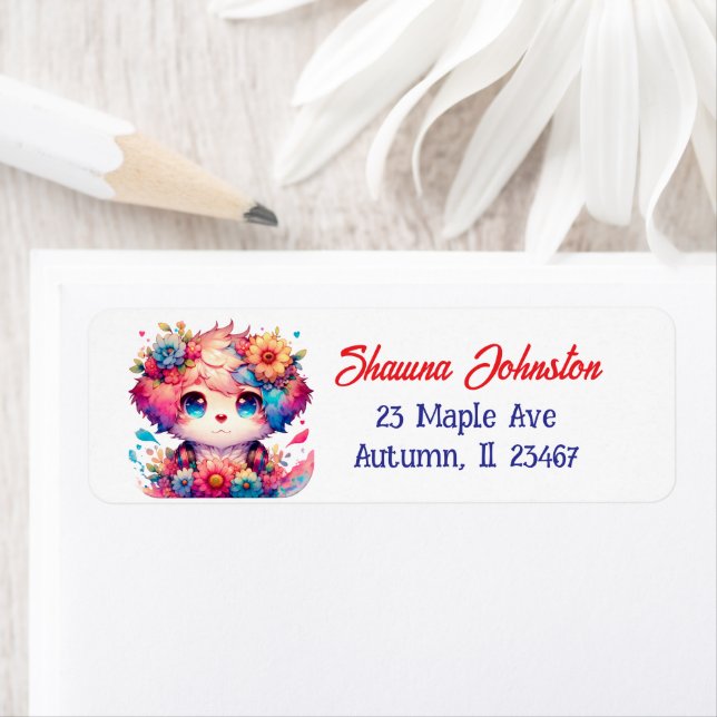 Purple and Red Anime Puppy Dog and Flowers Label (Insitu)